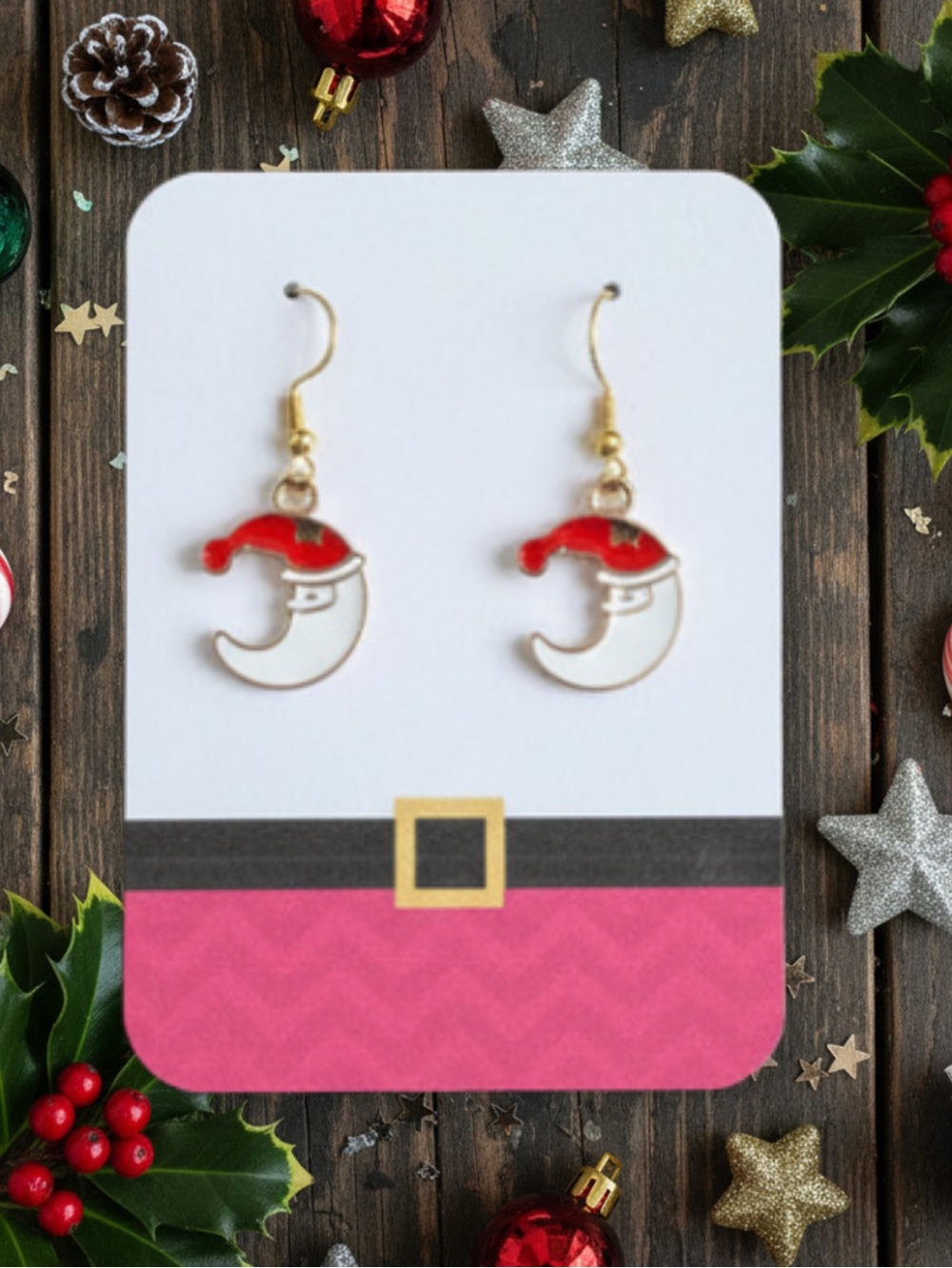 New Handmade Crescent Moon Santa Dangle Earrings (1.5” long x 0.7” wide) (Ver 5)